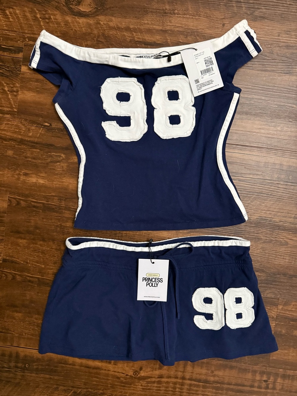 Princess Polly Kids Navy Off-Shoulder Pajama Top & Shorts Set - 98 Graphic